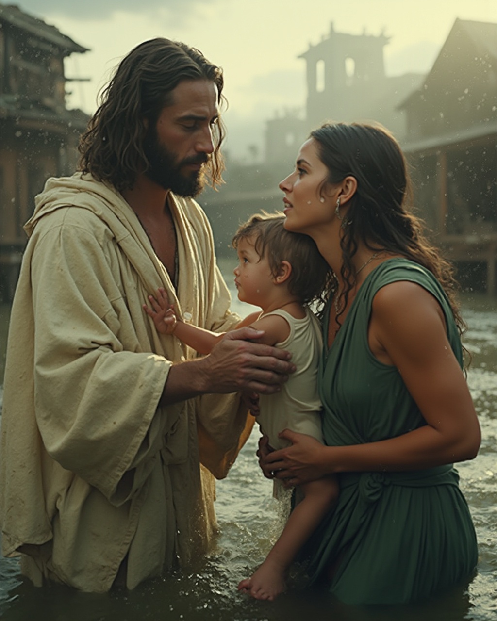 AI generated image by FLUX-Realism-Lora: The scene opens with an intense close-up of Jesus, capturing the details of his face—calm yet resolute, with gentle eyes that convey compassion and strength. His features are soft yet defined, framed by shoulder-length brown hair and a trimmed beard, embodying a serene, timeless presence. The camera pans slightly downward, focusing on his hand extended firmly yet tenderly to the distressed mother in the water. His robes are in neutral tones of cream and beige, the fabric rippling gently in the breeze, adding a sense of divinity and warmth. The light around him is golden and slightly ethereal, casting a soft glow that emphasizes his otherworldly aura and contrasts with the dark, muddy floodwaters around him.

The camera shifts to a close-up of the mother, her face drenched in desperation and fear, as she clutches her child tightly. Her wet hair clings to her face, tears streaming down her cheeks, her gaze locked on Jesus as she reaches up to grasp his hand with all her remaining strength. Her grip reveals tension and hope, while her worn green dress, soaked by the torrent, adds to the raw, realistic portrayal of her struggle. The child in her arms, initially frightened by the chaotic water, notices Jesus’ presence, and the expression shifts from fear to a subtle smile of relief and joy, a glimmer of trust forming in their young eyes. The child’s small hand reaches out as if wanting to connect, feeling comfort in Jesus’ presence.

The camera gently pulls back, creating a wide shot that captures the overall scene: Jesus anchored on the wooden bridge, stabilizing the mother and child against the relentless current. Surrounding them are remnants of destroyed wooden houses, tilted and crumbling, framed by a somber sky in hues of gray and gold. Shot in IMAX quality, with ultra-smooth, coherent movement, hyper-realistic detail, and ultra-high-definition, this cinematic moment achieves masterful, award-winning cinematography, balancing realism and divinity in a timeless, emotionally powerful scene of salvation.