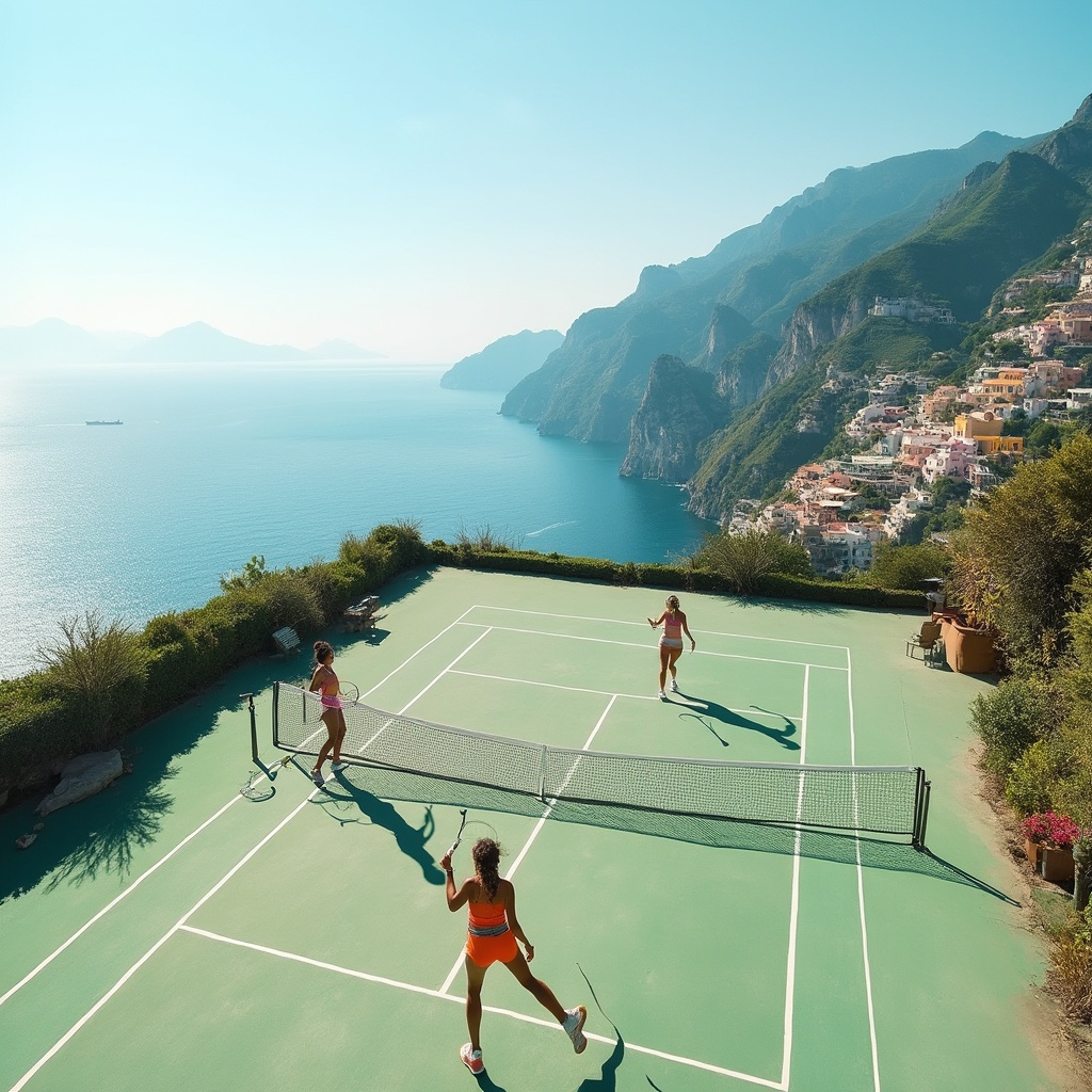 AI generated image by FLUX-Realism-Lora: Exactly 2 women playing tennis (not discussing or doing something else), on a tennis court located on a spacious, tiered terrace of a luxury villa in Positano or Ravello, overlooking the Amalfi Coast, Italy.
The View: The entire coastline would be the backdrop. Players would look out over the vibrant, pastel-colored villages clinging to the cliffs and the endless, shimmering turquoise of the Tyrrhenian Sea. The women play tennis, so one is on 1 side of the net and the other one is on the other side of the net. The tennis net is BETWEEN them.
