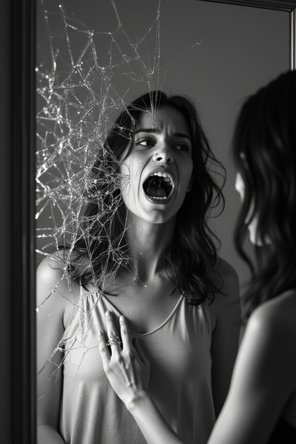 AI generated image by FLUX.1-image-to-image:  a black and white photo of a woman touching a shattered mirror, with cracks radiating from the reflection of her screaming mouth. Dramatic low-key lighting. Backlight. 