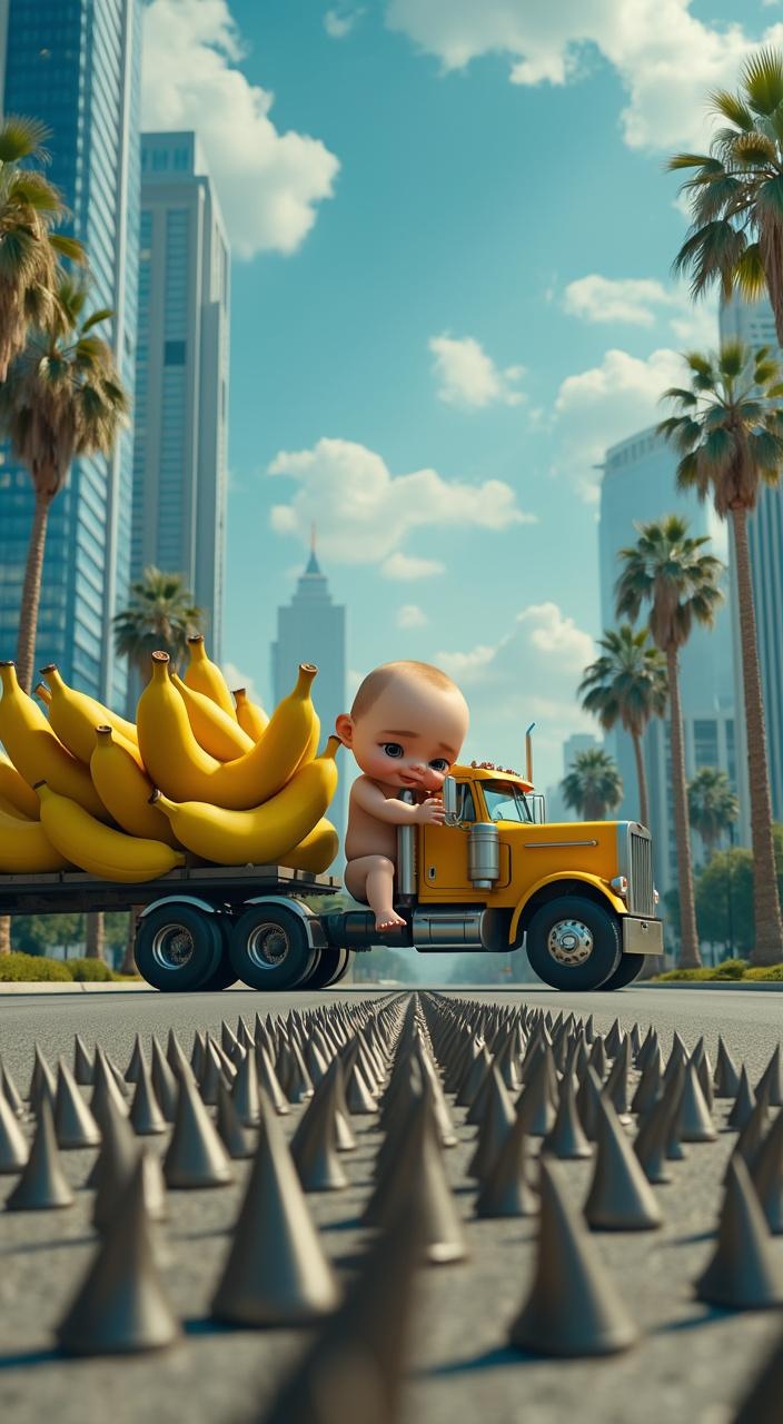 AI generated image by FLUX.1-pro: A hyper-realistic, high-resolution vertical cinematic 9:16, mobile screen rodie showing a surreal city road scene. Tall modern skyscrapers and palm trees under a bright blue sky with scattered clouds. A large baby character is sitting on a yellow semi-truck, clearly holding the steering wheel, with a bunch of oversized bananas loaded on the trailer. The road ahead has sharp, metallic spikes or long iron nails protruding from the surface, resembling a dangerous trap. All characters' faces must be clearly visible. No changes to any elements or characters 

Vertical Cinematic Mobile View) 