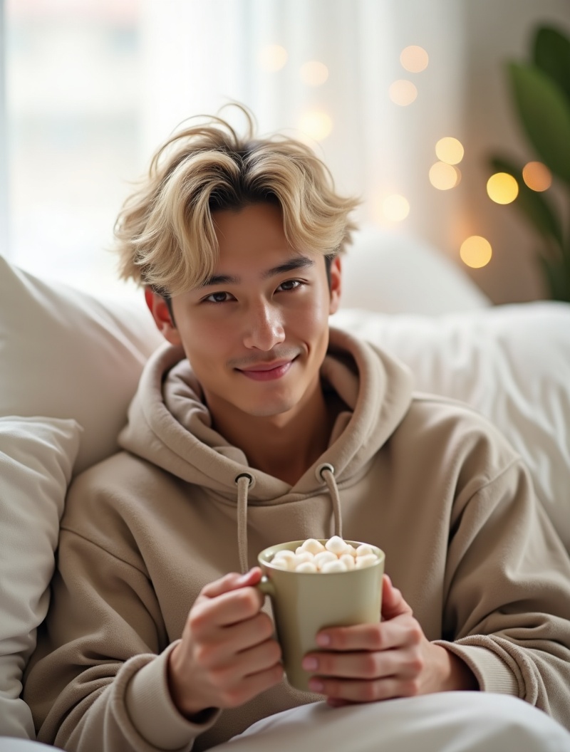 AI generated image by FLUX.1-image-to-image: Candid smartphone selfie of the man from the reference photo — keep his face exactly identical to the reference: young Australian-Korean male idol, soft platinum-blonde mullet with curtain bangs, natural freckles across the nose and cheeks, deep brown eyes, gentle sleepy smile. He has just woken up, sitting on a bed with soft white pillows, wearing an oversized beige hoodie, holding a ceramic mug of hot chocolate with marshmallows. Cozy warm morning light through the window, fairy lights softly blurred in the background, photorealistic, natural skin texture, intimate boyfriend-selfie style, shot on a smartphone, 8k, highly detailed.