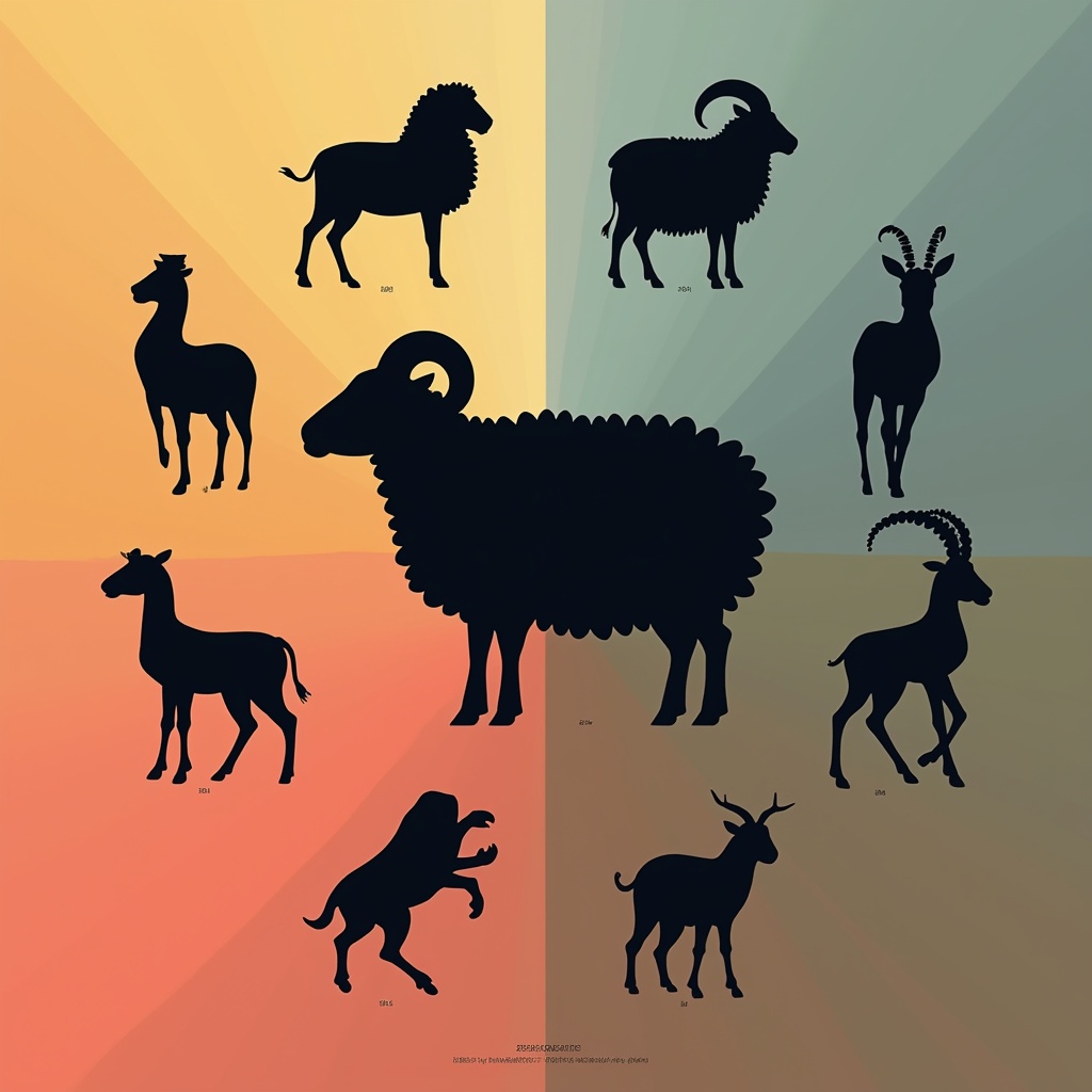 AI generated image by FLUX.1-pro: "Create an MODERN logo sequence where a minimalist black sheep transforms into the silhouettes of the zodiac animals. Start with the sheep, and through smooth transitions, morph it into the recognizable shapes of Aries (ram), Taurus (bull), Gemini (twins), Cancer (crab), Leo (lion), Virgo (maiden), Libra (scales), Scorpio (scorpion), Sagittarius (archer), Capricorn (goat), Aquarius (water-bearer), and Pisces (fish). Each transformation is seamless, with Smart Frame Morphing and Smooth Scaling effects. Utilize Color Transition Over Time to shift the background colors, enhancing the transformation's fluidity. End the sequence with the sheep silhouette returning in its original form, uniting all zodiac symbols in one cohesive logo."