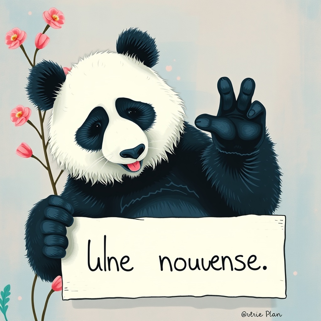 AI generated image by FLUX.1-schnell: un panda qui annonce une bonne nouvelle avec un arrière plan rose et bleu marine