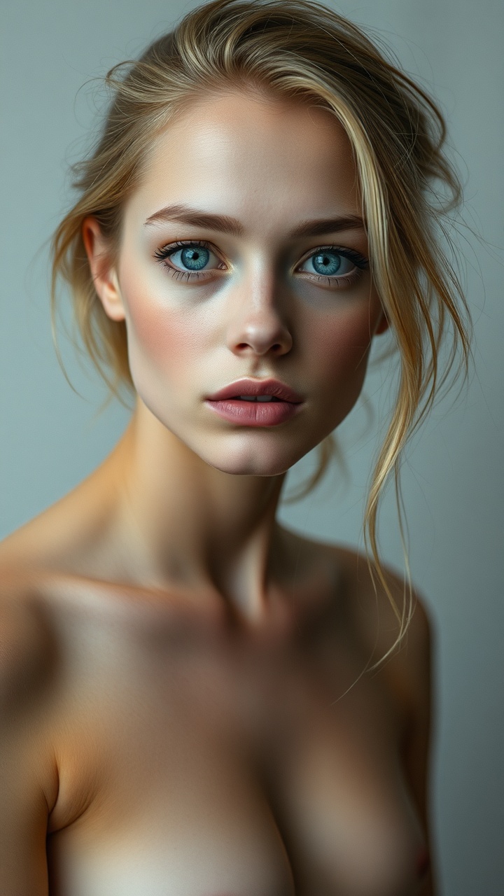 AI generated image by FLUX.1-schnell: age 25 fair color slim body blue eyes totally naked full image