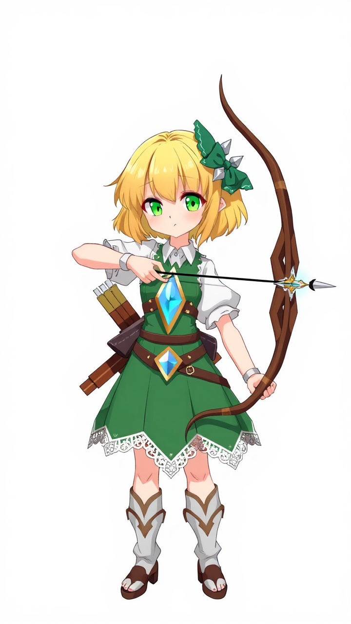 AI generated image by FLUX.1-schnell: Ragnarok Online style, 1 girl, archer, short yellow hair with green eyes, standing,bow witha a crystal in the middle, 