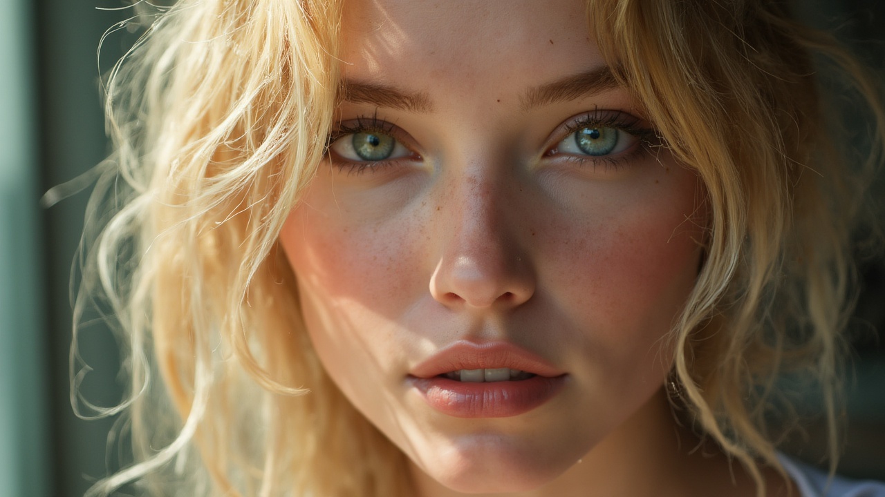 AI generated image by FLUX-Realism-Lora: “hyperrealistic portrait of a stunning 22-year-old woman, youthful face, smooth pale skin, long blonde hair, captivating colored eyes (light green/blue), small nose, full lips, symmetrical facial features, slim body, soft natural makeup, flawless skin texture, elegant and seductive expression, cinematic lighting, high detail, ultra realistic, 8k, professional photography style”

