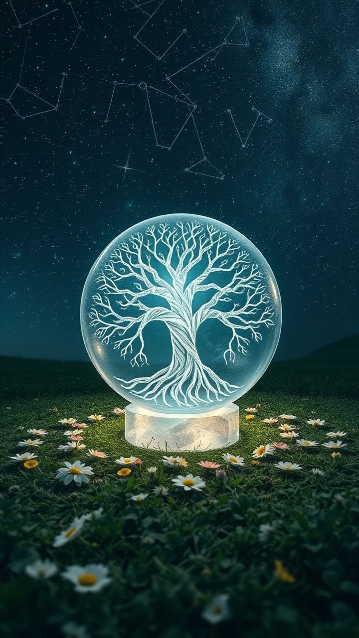 AI generated image by FLUX.1-schnell: The tree of life symbol etched into an ancient crystal orb at the center of a magical circle made from flowers and herbs under a starlit sky with constellations forming intricate patterns above style mystical and nature-infused color scheme ethereal whites and greens with hints of silver camera details wide shot to capture both the ground elements and expansive night sky high definition