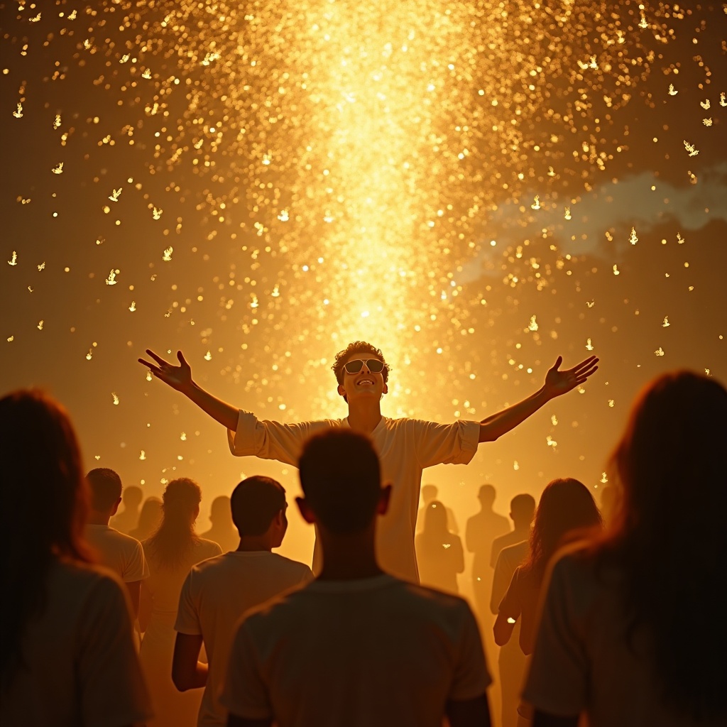 AI generated image by FLUX.1: > Prompt: Surreal masterpiece depicting the intersection of physical and spiritual worlds. A group of young believers in a circle of love and prayer, laughing and chanting. A central figure of a young DJ with sunglasses bringing rhythmic joy. The atmosphere is filled with floating Arabic calligraphy. Visible ethereal spirits are whirling in a dance of light. Golden divine light descends like a heavy rain, merging with the human forms. High contrast between the golden light and the peaceful surroundings, spiritual ecstasy, dreamlike composition, highly detailed. --ar 16:9 --stylize 250