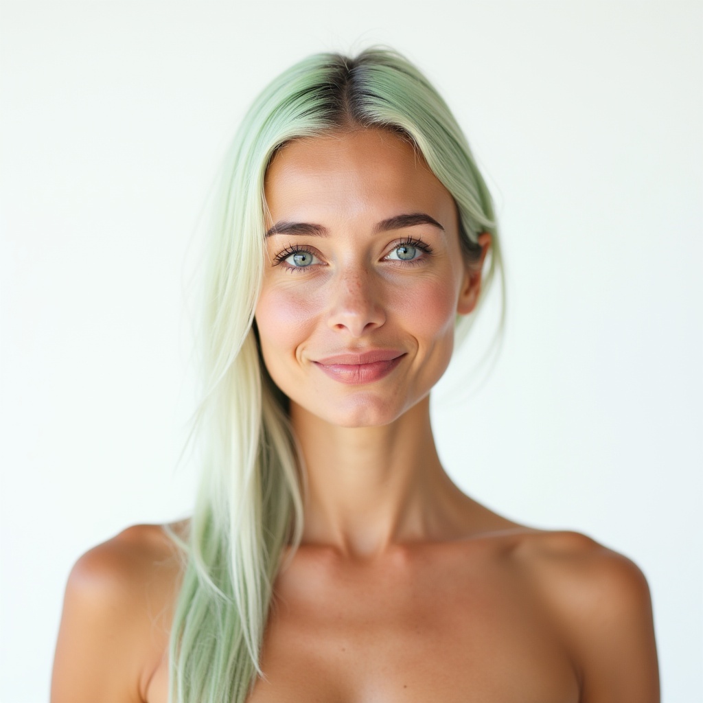 AI generated image by FLUX.1: Beautiful American Woman , Face Portrait , Front view , White and Green Hairs , White Background , Portrait Photo , Looking Forwards , Front view 