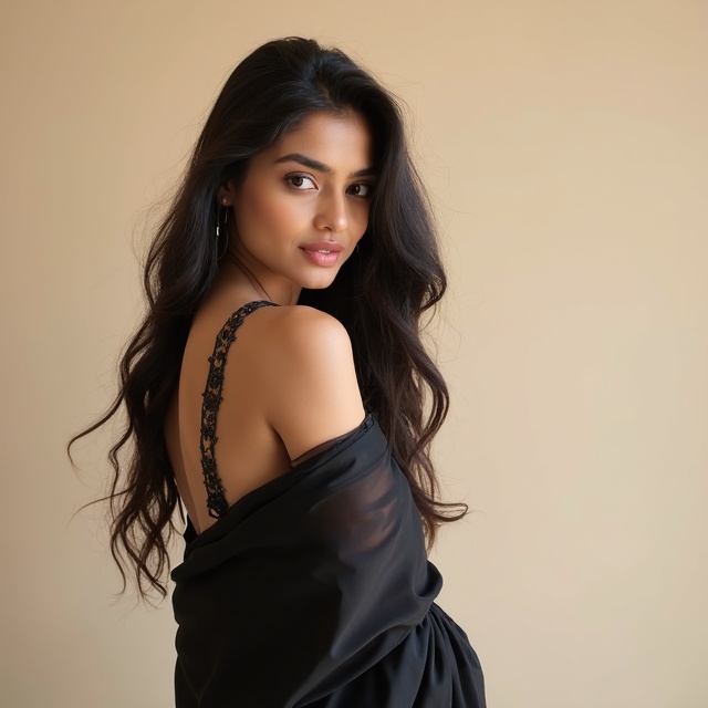 AI generated image by FLUX.1-image-to-image: Create a 4K HD, ultra-realistic editorial portrait of a young Bangladeshi woman, using the uploaded reference image to keep her face, skin tone, facial structure, and identity 100% identical—do not alter her facial features in any way. She has long, dark, wavy hair cascading softly over her shoulders, adding natural movement and elegance to the composition.

Dress her in a translucent, elegant black saree draped over one shoulder, revealing a fitted blouse underneath. Capture her in a graceful over-the-shoulder pose, subtly showcasing the backless blouse with delicate tie knots, while her expression remains soft, serene, and confident.

Set the background as a plain, warm-toned studio wall, clean and distraction-free. Use soft, controlled lighting to create smooth highlights, gentle shadows, and realistic fabric texture. Apply cinematic color grading, shallow depth of field, and ultra-fine detail rendering to achieve a high-end, magazine-style traditional portrait that feels elegant, polished, and visually timeless—while keeping her face perfectly matched to the reference image."