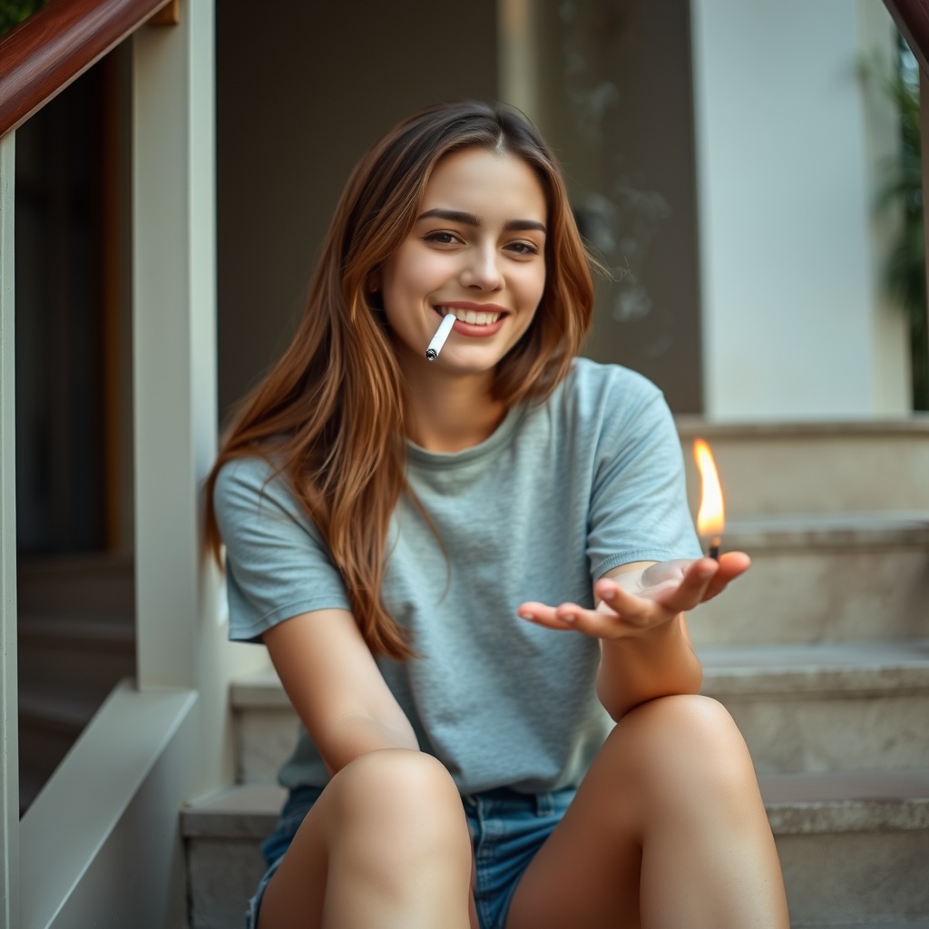 AI generated image by FLUX.1-schnell: A young woman is sitting on a stair case and is smiling as she smokes a cigarette and holds her left hand out. From her palm a small flame is coming out.