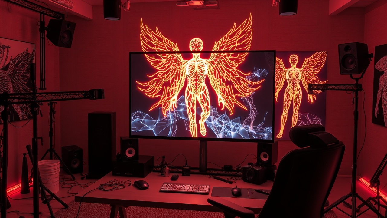 AI generated image by FLUX.1-schnell: "A creative studio setup with SoulGen AI open on a large screen, glowing generative models creating artistic fantasy figures, split between artistic inspiration and ethical red flags, futuristic gallery vibe."