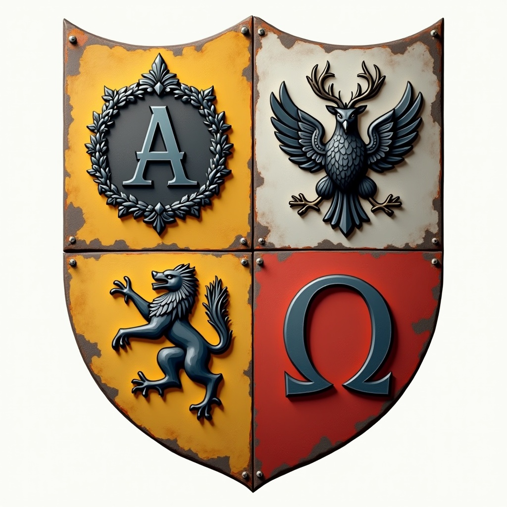 AI generated image by FLUX.1: Créer une image représentant un armorial sous une forme de bouclier diviser en 4 parties, exposant en haut a gauche le symbole alpha en majuscule, en bas a gauche un loup, en haut a droite un corbeau et en bas a droite le symbole Omega en majuscule