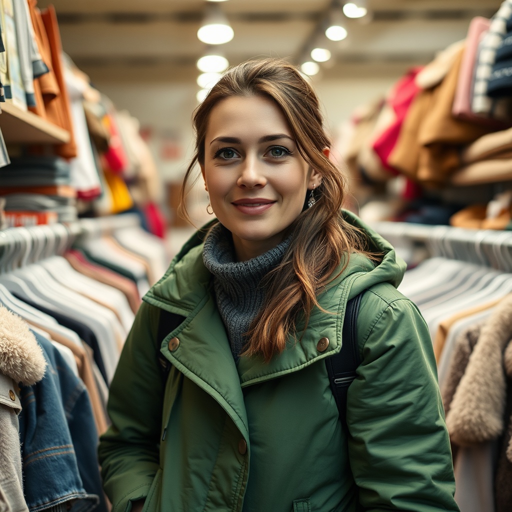 AI generated image by FLUX.1-schnell: erstelle ein Foto, auf dem eine "typische" 30-jährige Frau von der linke Seite mit grüner Jacke in einem Second-Hand-Laden einkauft