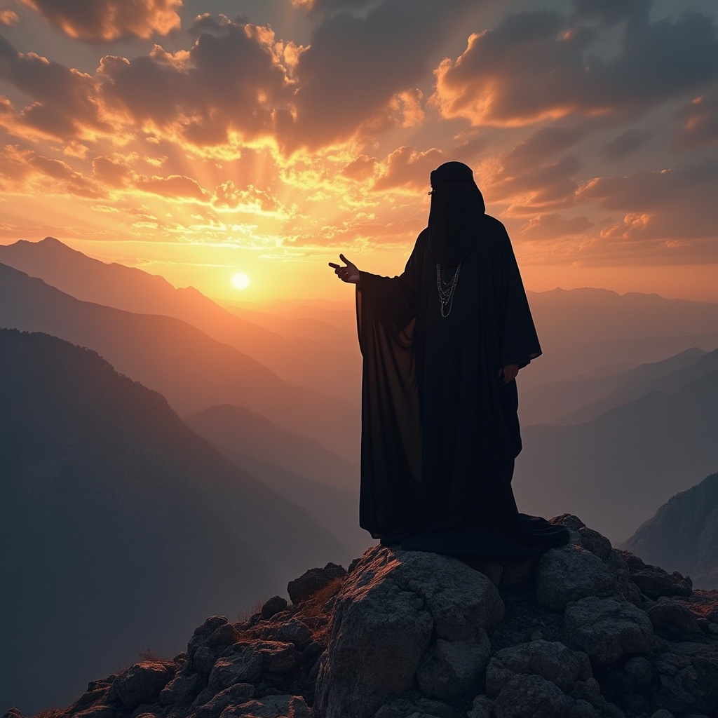 AI generated image by FLUX.1-pro: black shadow muslim on the mountains with black powers