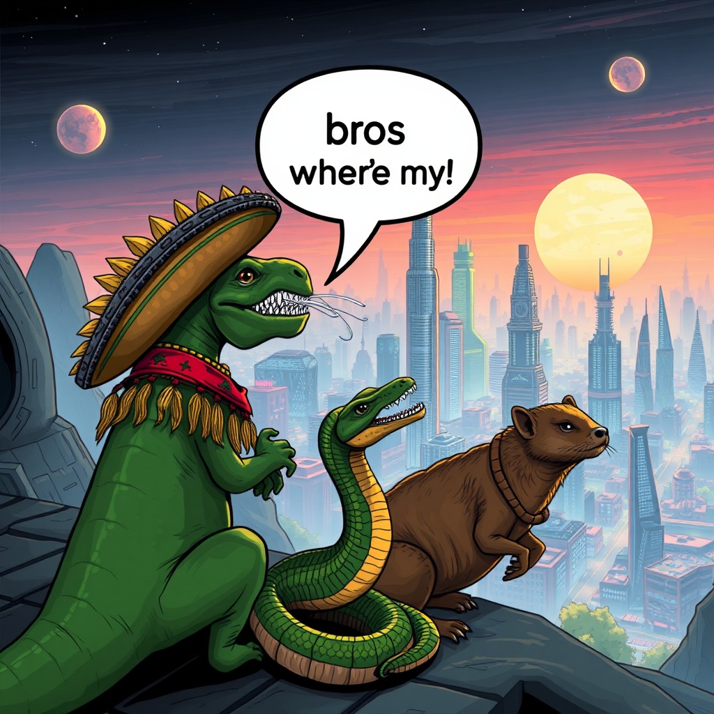 AI generated image by FLUX.1-schnell: A  Mexican bandito, a dinosaur, a snake and a weasel looking out at a futuristic city with a speech bubble from the Mexican saying "bros where's my vape?
