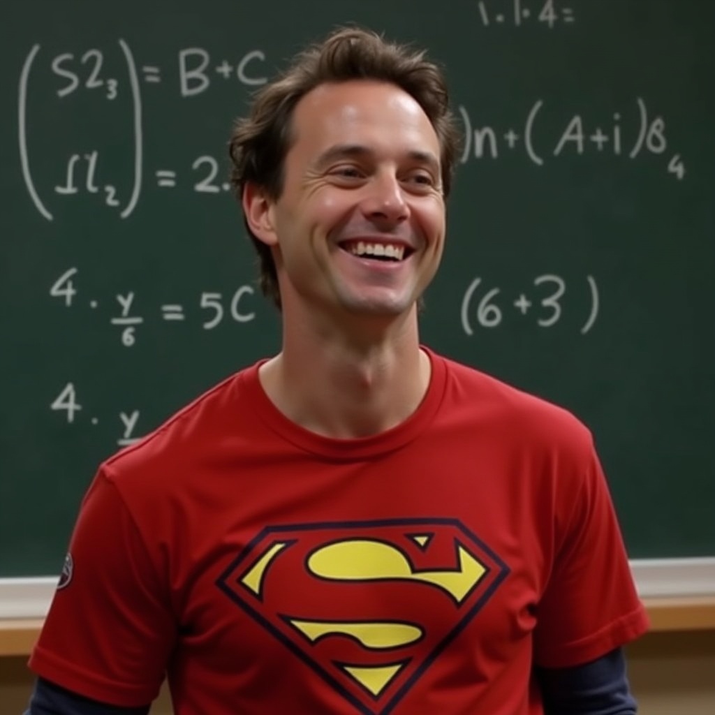 AI generated image by FLUX.1: Sheldon Cooper from Big Bang Theory wearing a red superhero t-shirt smiles mischievously in front of a blackboard with quantum physics equations. 