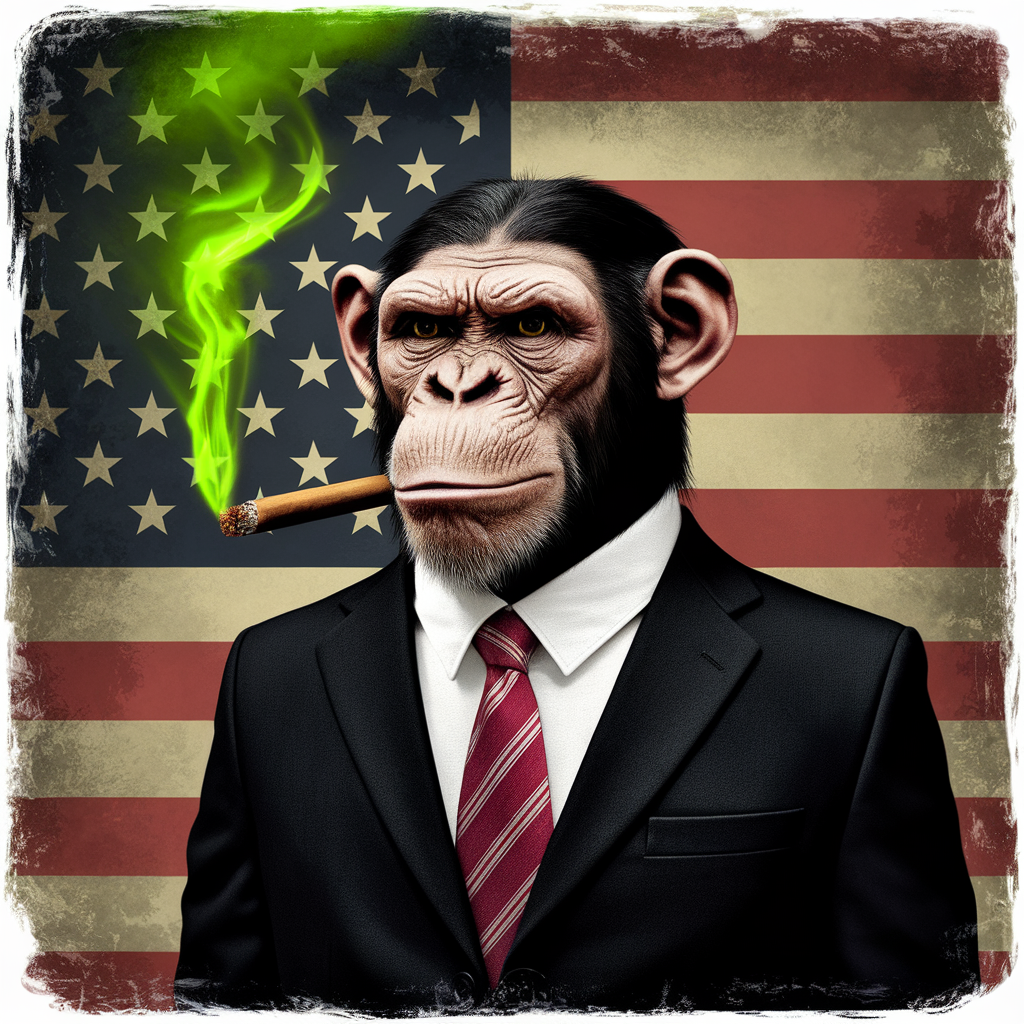 AI generated image by ideogram 2.0: "A serious-looking chimpanzee dressed in a formal black suit and red-striped tie, standing in front of a grungy, vintage-style American flag background. The chimp is smoking a cigar that emits vibrant green smoke, swirling dramatically to the left. The expression on the chimp’s face is confident and slightly smug, giving a political or presidential vibe. The background has a distressed, painted texture with muted tones, and the overall art style is bold, gritty, and slightly surreal—perfect for edgy, humorous poster or streetwear art."