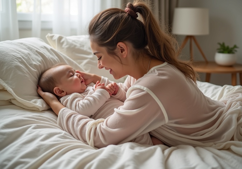 AI generated image by FLUX.1-image-to-image: I want to lie on the bed in a comfortable position while wearing transparent pajamas and breastfeeding my son.
