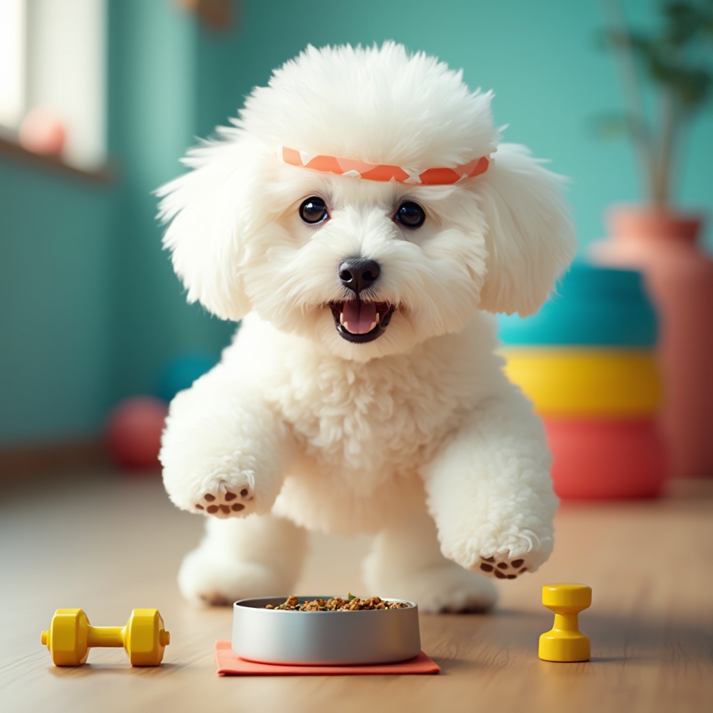 AI generated image by FLUX-Realism-Lora: Main Subject: A white Bichon dog exercising.

I emphasized that the Bichon is wearing a sporty headband on its forehead, adding a fun, workout vibe to the scene.
Props: Small dumbbell and food bowl in front of the dog.

These props reinforce the workout concept, suggesting that the Bichon is in the middle of a playful exercise session.
Background: A home gym-like setting.

The image is set to be bright and cheerful, with the fluffy white fur of the Bichon standing out against the colorful workout props for better contrast and focus.
