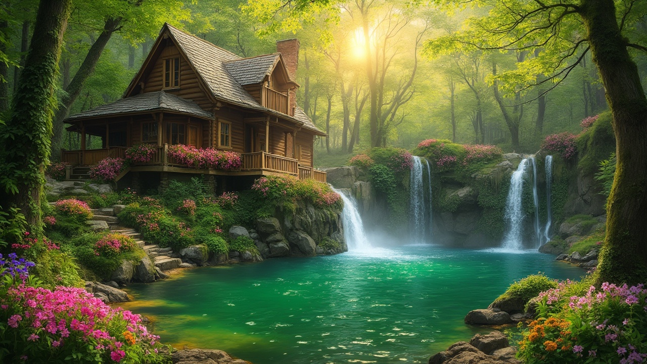 AI generated image by FLUX-Realism-Lora: A wooden house in the forest, surrounded by colorful flowers and green trees, with waterfalls flowing from it into an emerald lake. The sun shines through lush foliage, creating a warm atmosphere. A dreamy scene that is perfect for peaceful moments of relaxation or contemplation.