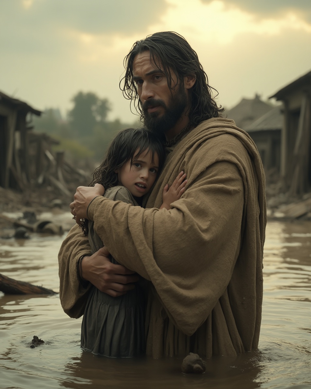 AI generated image by FLUX-Realism-Lora: The scene begins with a close-up of Jesus standing waist-deep in murky floodwaters, cradling a small, frightened child tightly against his chest. His expression is resolute and protective, with intense, compassionate eyes gazing off toward an unseen threat, while his face and wet hair convey both strength and exhaustion. Jesus’ robes, heavy and soaked, cling to his frame, the textures rich in earthy tones, adding realism to the raw, harsh setting. His strong arms hold the child securely, one hand on her back and the other on her shoulder, emphasizing his protective grip amidst the turbulent surroundings. The child’s face, partially pressed against Jesus’ chest, shows a mixture of fear and relief, her small hands clutching his robe as she seeks safety in his embrace. The camera pans slowly from his determined face to the child’s innocent, vulnerable expression, capturing the intimacy and trust between them in this perilous moment. In the background, broken wooden structures and debris litter the flooded landscape, remnants of a devastated village under a pale, stormy sky tinged with faint gold hues as the sun breaks through the clouds, symbolizing a glimmer of hope. The shot ends with a slow zoom-out, revealing the full scene of Jesus standing steadfast in the water, creating a visual contrast between his unwavering presence and the chaotic environment. Filmed in ultra-high-definition with IMAX quality, the video highlights photorealistic details and award-winning cinematography, capturing every ripple, shadow, and expression in a deeply emotive, cinematic moment of salvation and resilience.