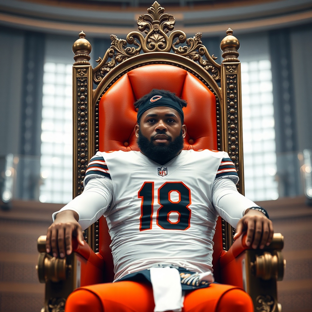 AI generated image by FLUX.1-schnell: Bears QB Caleb Williams 18 sitting on the throne in Halas hall
