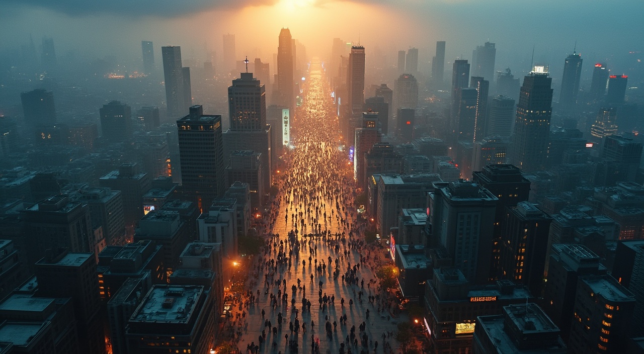 AI generated image by FLUX.1-pro: vista aérea de una gran ciudad inundándose con gente gritando y corriendo