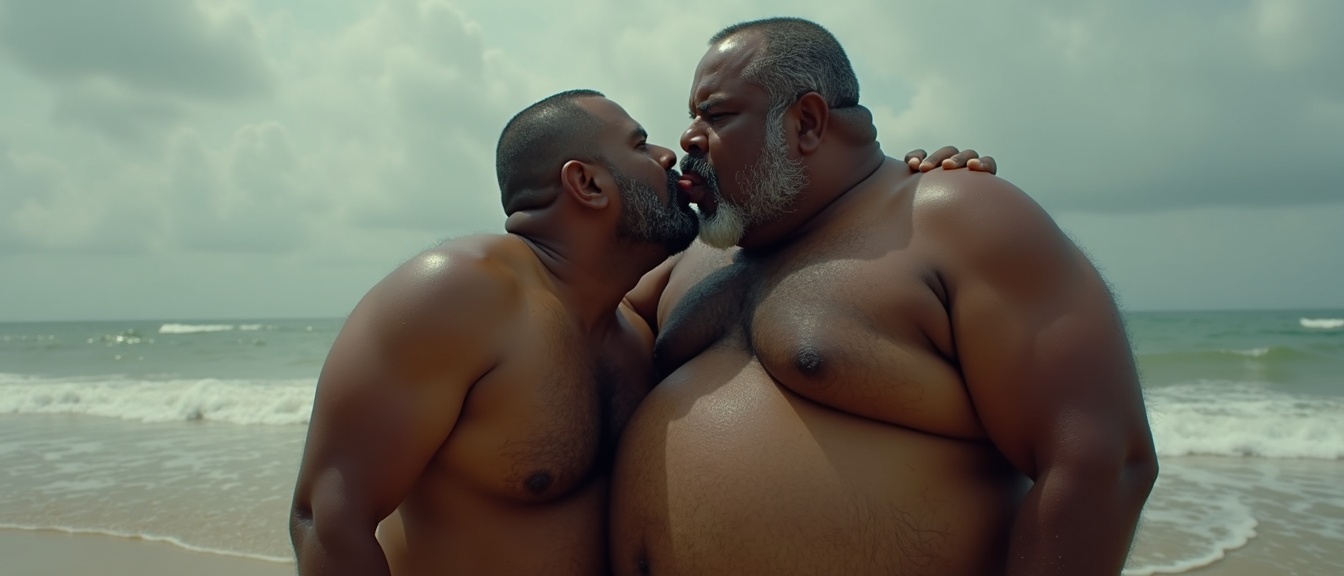 AI generated image by FLUX.1: 
Danny who is very obese with a big round belly, big low hanging man tits, dark skinned, hairy, grey haired, lustful, macho, matured, hairy, dark, angry Tamil alpha filthy rich handsome macho thick handlebar mustached sugardaddy with high cheek bones and jawline with thick eyebrows, full plump lips, thick handlebar mustache and very big beefy and muscular chests is hugging Tommy very close, a short man. Danny and Tommy are having a secret affair at a nude beach involving salivating kisses and tongues with their lips locked and drooling with saliva. Danny holds Tommy's cheeks while he kisses and spits on his tongue. Both Danny and Tommy are fully naked without clothes or pants and wet all over. Danny has a big fat horseshoe balding head and a big fatty buttocks. Tommy is caressing Danny's big, hairy, obese, dark skinned round belly and holding his thick bulgy crotch. Danny's dark skinned big hairy belly has a big round belly button that is deep. Danny also has fat beefy thighs and big feet. Danny is hugging Tommy close with both his big arms and is spitting a lot of wet strands saliva in Tommy's wide open with his tongue out. The saliva runs down from Danny's plump lips with his thick long handlebar mustache to his big hairy huge thick hardened nipples, his dark skinned obese hairy belly, his large deep belly button, his thick thighs and his thick feet and on the floor.
