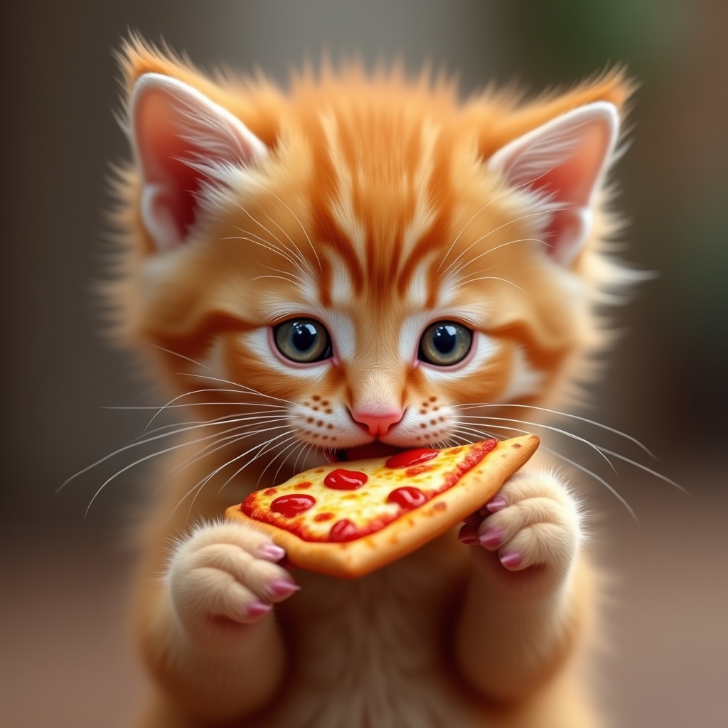 AI generated image by FLUX.1: A cute red kitten holds a piece of pizza in its paws and takes a bite