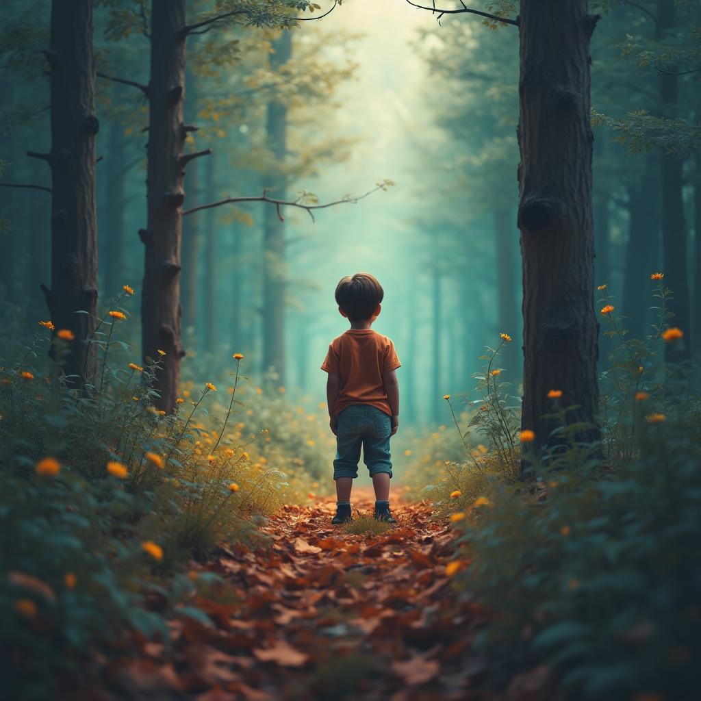 AI generated image by FLUX.1-pro: generate 4k image of a boy who stand in forest and different colours arround him