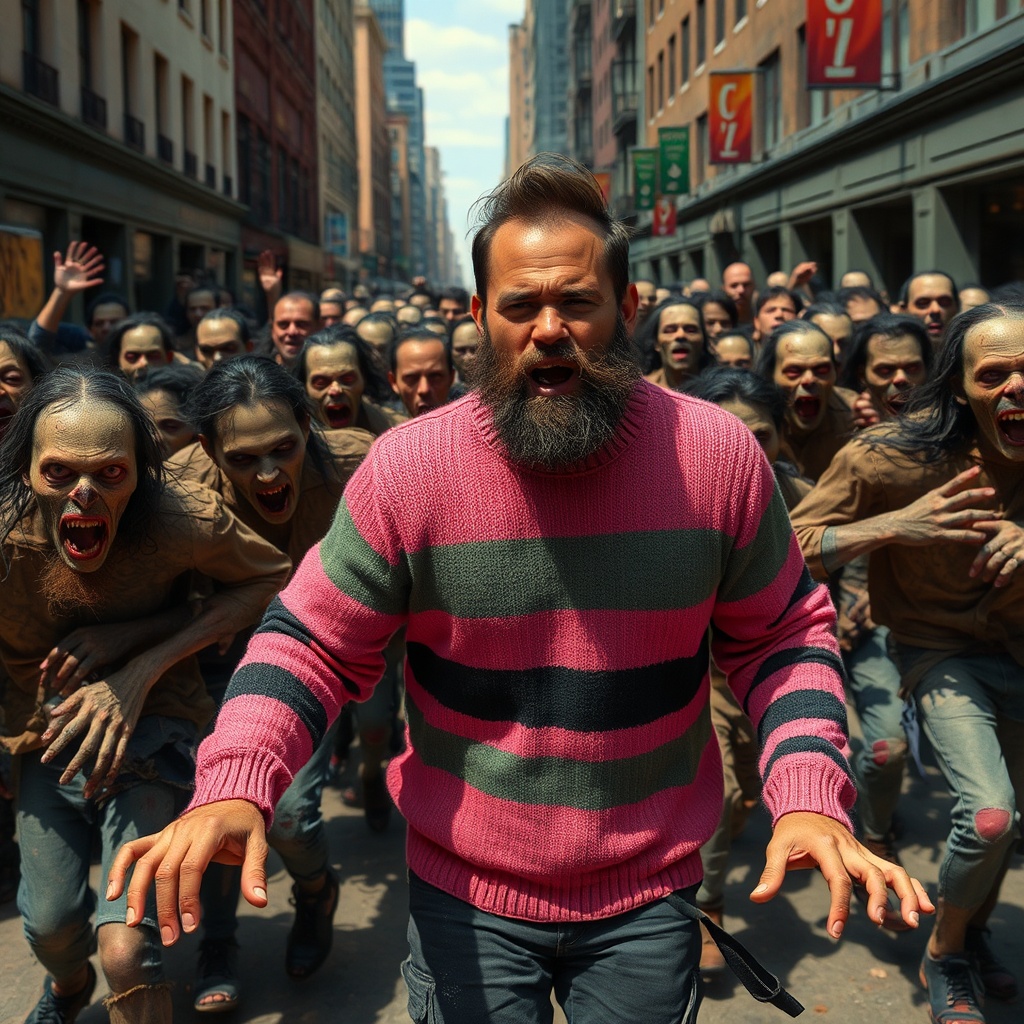 AI generated image by FLUX.1-schnell: A horde of zombies chasing a bearded man in a pink and black striped sweater, in a city environment 