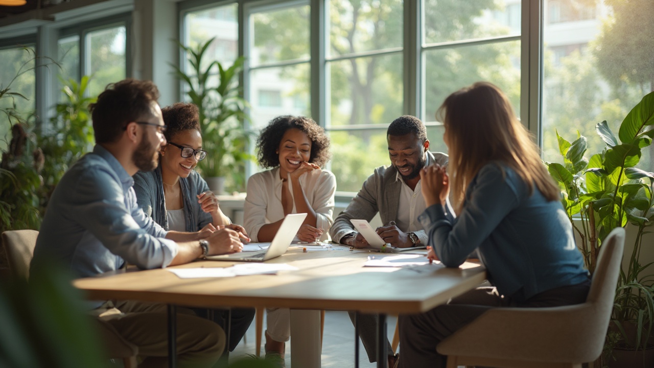 AI generated image by FLUX-Realism-Lora: A medium-angle shot of a group of diverse professionals collaborating around a modern office table, their expressions engaged and smiling as they discuss ideas, in a well-lit space with large windows, lush plants, and stylish contemporary furniture, capturing a sense of unity and teamwork; afternoon natural light filling the room, shot with a Sony A7R IV, 35mm lens, vibrant colors"