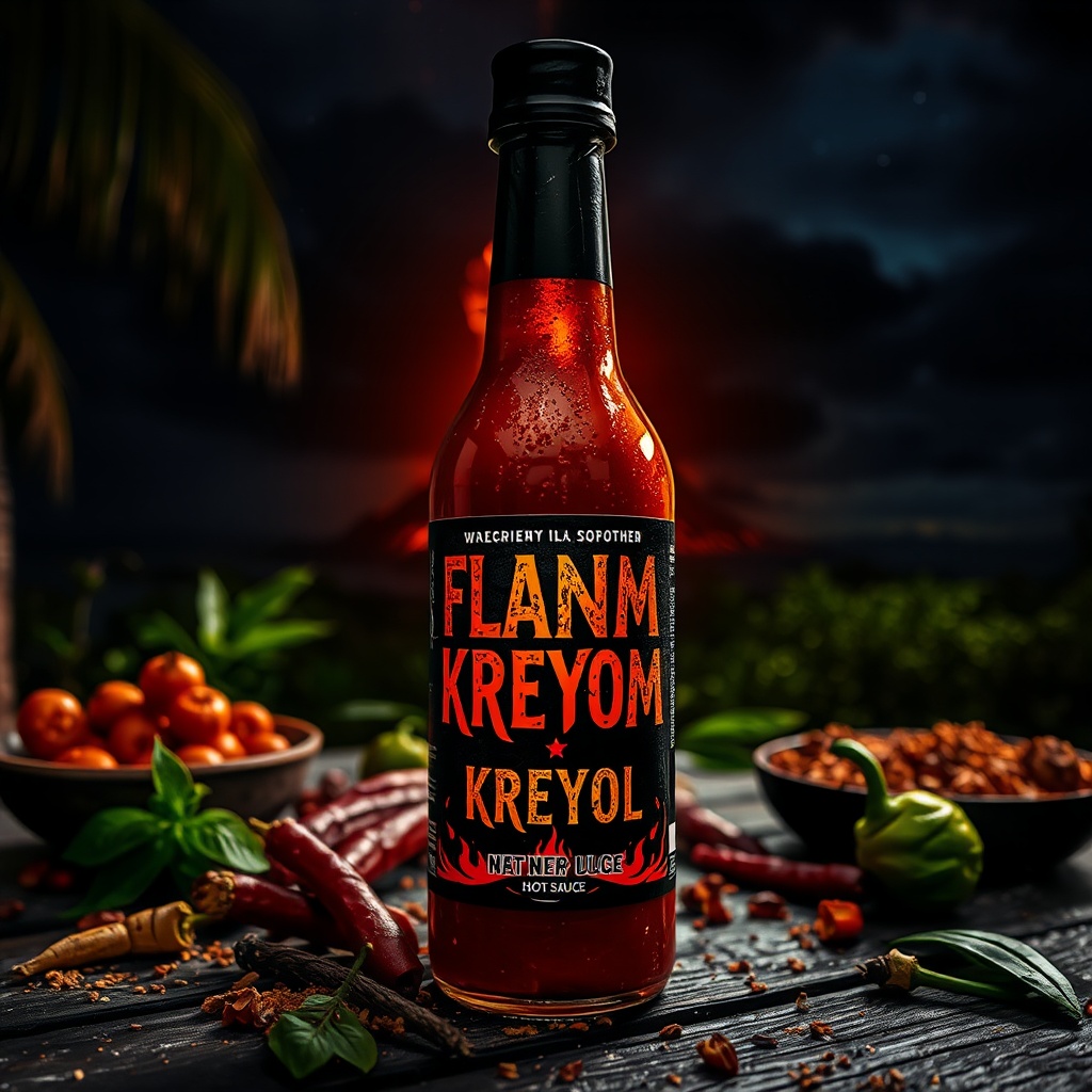 AI generated image by FLUX.1-schnell: A dramatic, nighttime Caribbean scene designed for the ‘Flanm Kreol’ hot sauce label. The label showcases a glowing volcano erupting in the distance, with ‘Flanm Kreyol’ prominently displayed in a bold, rustic font that stands out against a dark, starry sky. This intense, mystical aesthetic reflects the sauce’s rich, fiery flavor. Position the bottle on an outdoor table surrounded by various spices and ingredients, capturing the essence of a Caribbean setting.