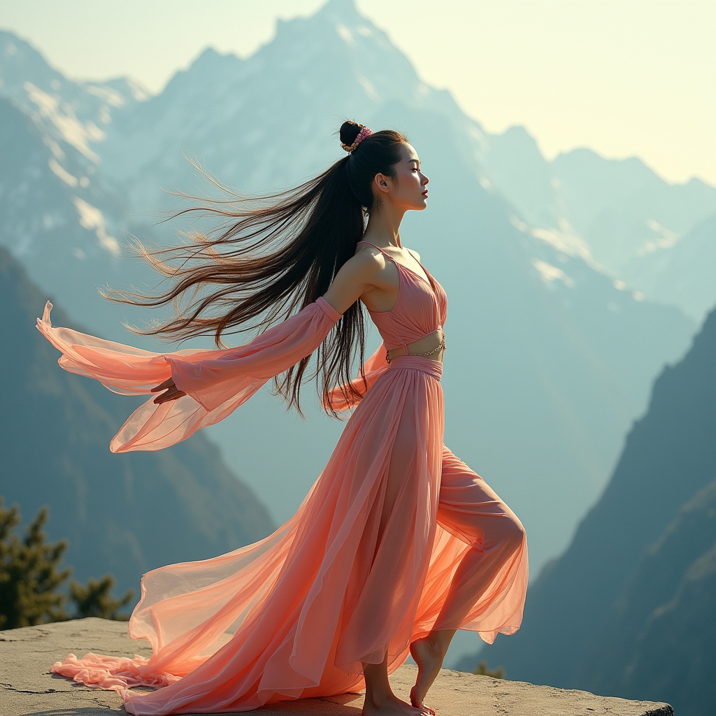 AI generated image by FLUX.1: A captivating Chinese modern dancer, on a rooftop, with snow-capped mountains in the background, long flowing hair, graceful movements, ethereal lighting, dynamic pose, vibrant colors, highly detailed, dramatic atmosphere, expressive, windswept hair, serene yet powerful, wide angle, cinematic view, art photography