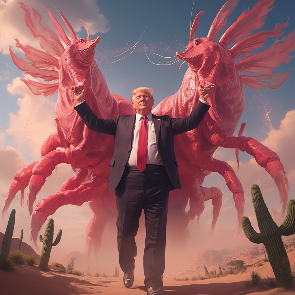 AI generated image by FLUX-Realism-Lora: Highly realistic Donald trump  en costume, visiblement victorieux, chevauche une crevette rose géante qui marche sur la carte des États Unis L’homme lève les bras en signe de triomphe, entouré de drapeaux flottants et de feux d’artifice colorés dans le ciel. Le décor autour d’eux est surréaliste, avec des cactus en forme de trophées et des dunes dorées sous un ciel rose-violacé. 