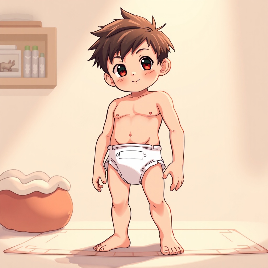 AI generated image by FLUX.1-schnell: Cute anime boy in thick full diaper