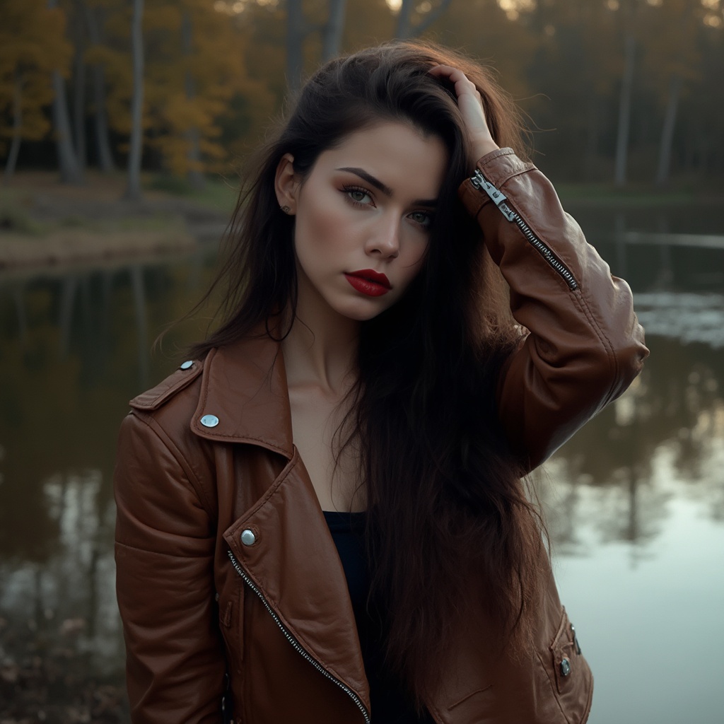 AI generated image by FLUX-Realism-Lora: realistic image of chrissy costanza, beautiful 28 years woman
Portrait of a young woman with long dark hair and red lipstick. she is wearing a brown leather jacket and is standing in front of a body of water with trees in the background. the woman is posing with one hand on her head and the other resting on her shoulder. she has a serious expression on her face and is looking directly at the camera. the lighting is soft and warm, creating a dreamy and ethereal atmosphere. the overall mood of the image is dark and mysterious.