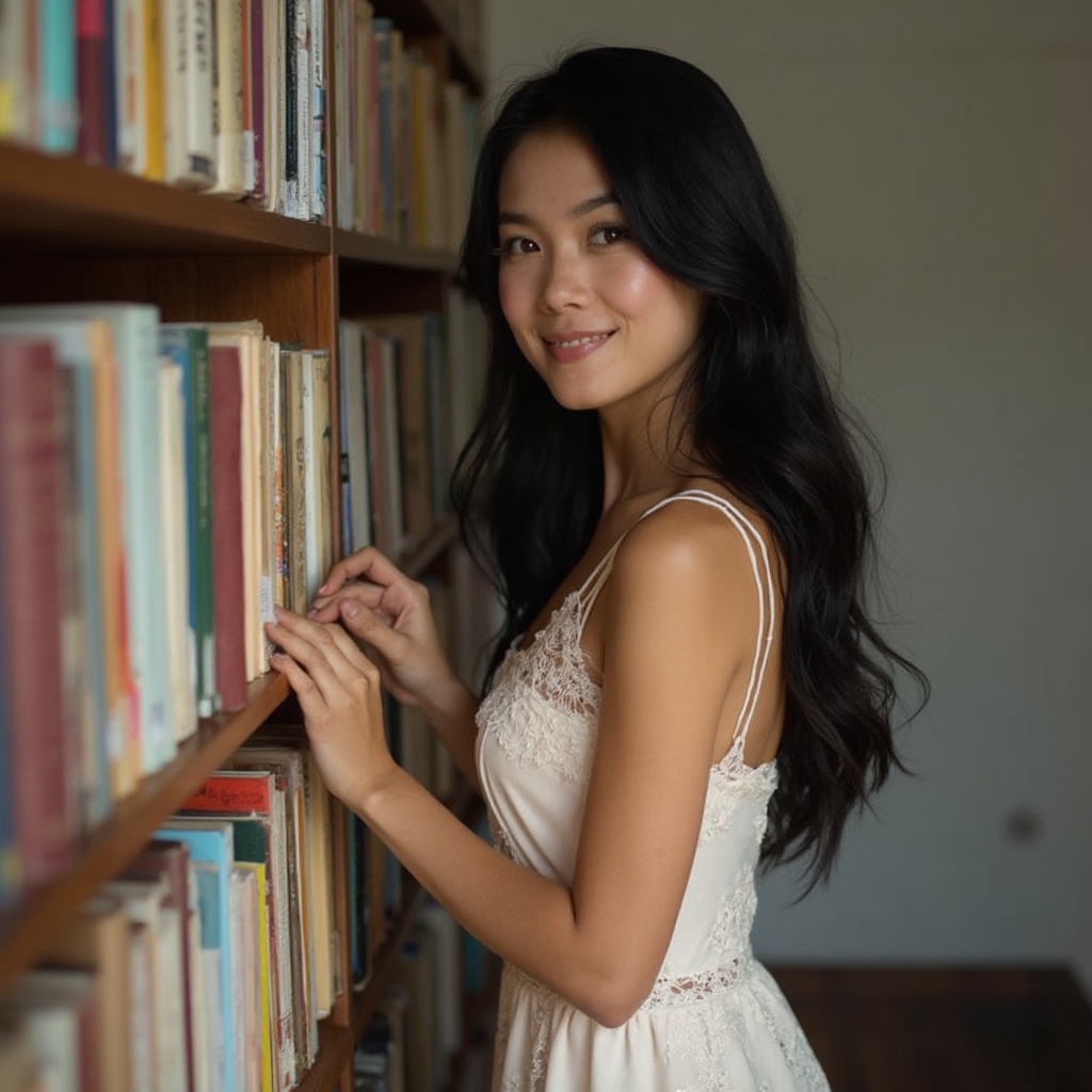 AI generated image by FLUX-Realism-Lora: A 28-year-old Indonesian woman with long, wavy black hair, wearing a mini housedress with subtle lace details, is standing in front of a bookshelf, arranging books neatly. She looks satisfied, with a proud smile.