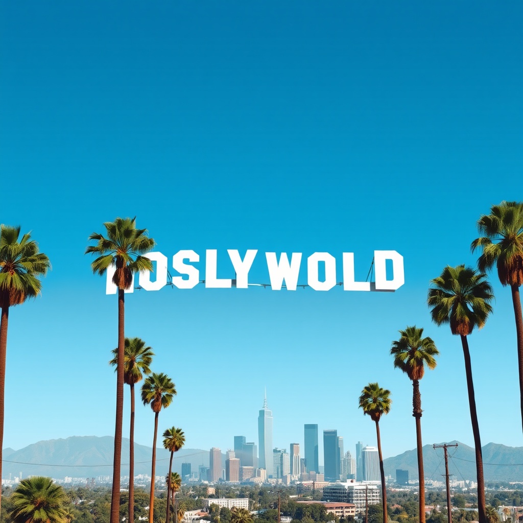 AI generated image by FLUX.1-schnell: Los Angeles featuring its iconic elements like the Hollywood sign, palm trees, and downtown skyline.