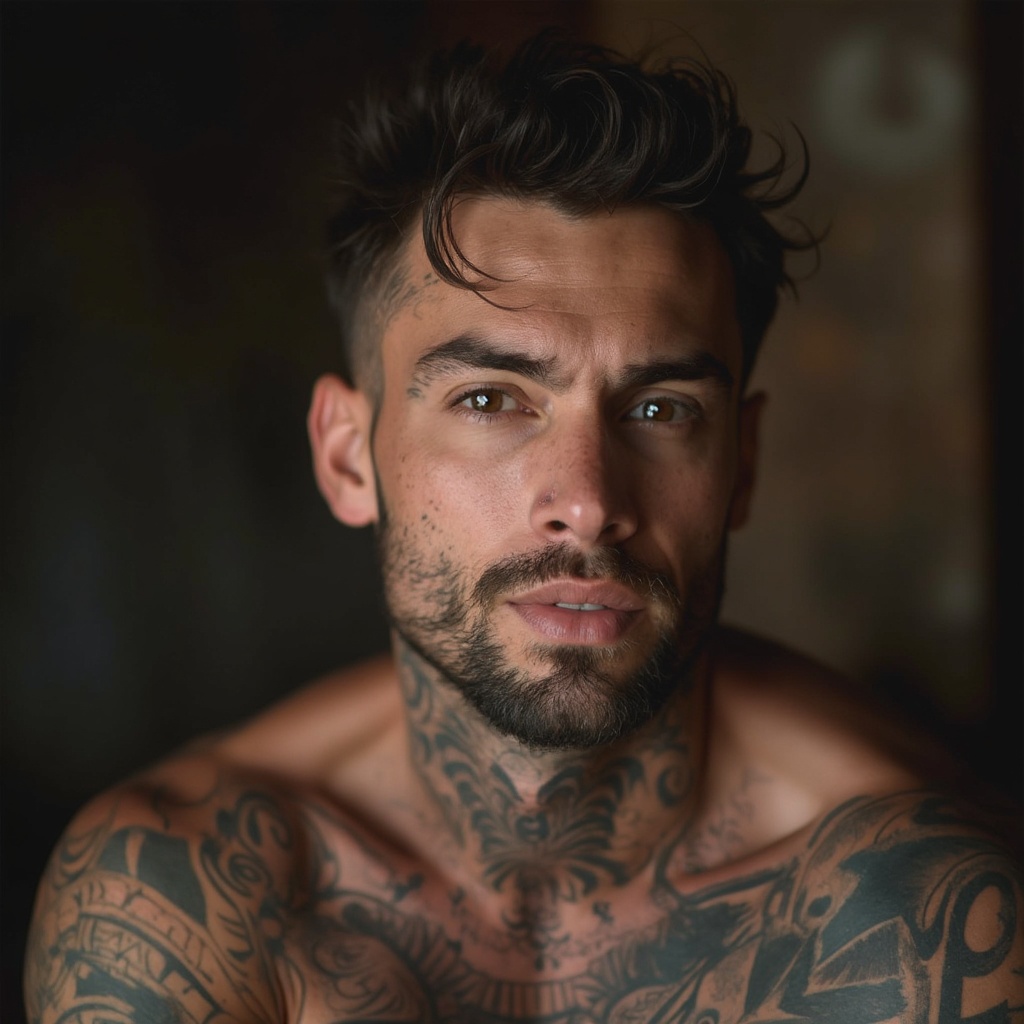 AI generated image by FLUX-Realism-Lora: homme 29 ans brun ténébreux, aux yeux marrons très clair presque doré, tatouage de cerbère a la gorge