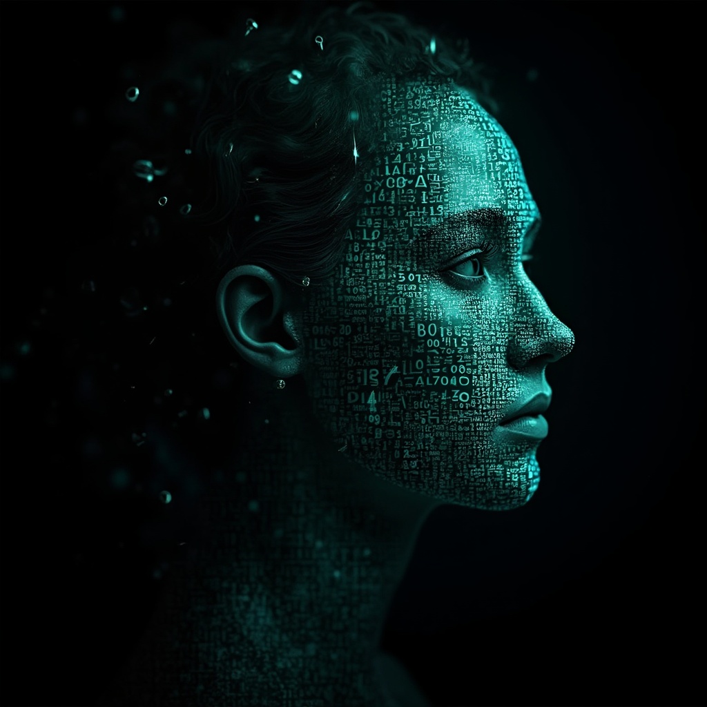 AI generated image by FLUX-Realism-Lora: Ada Lovelace's face as a digital mask made from thousands of turquoise numbers and formulas forming his face. the formulas and numbers fly behind the mask leaving a trail of complexity. the mask is floating dynamically in mid air. his head is turned to the right but his eyes are looking directly into the camera. the mask is on a black background.  like a png with black only background. photo realistic, sci-fi, human features hair