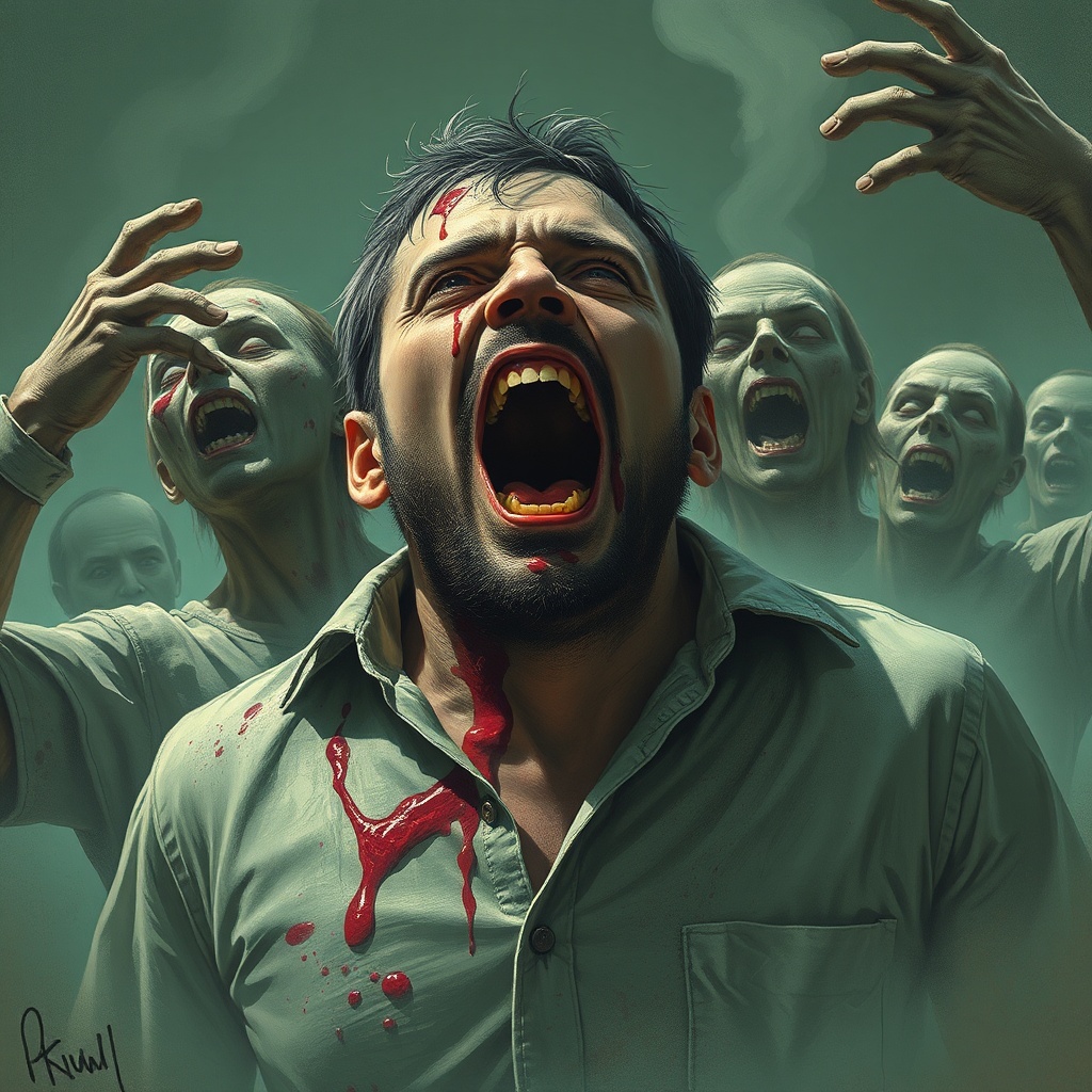 AI generated image by FLUX.1-schnell: A man being eaten alive by zombies 