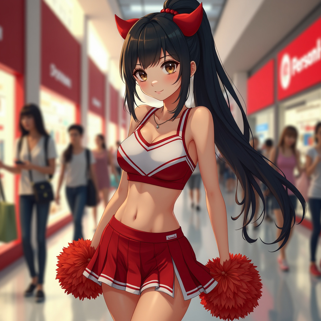 AI generated image by FLUX.1-pro: An Asian cheerleader in a shopping mall, in the style of Persona 5