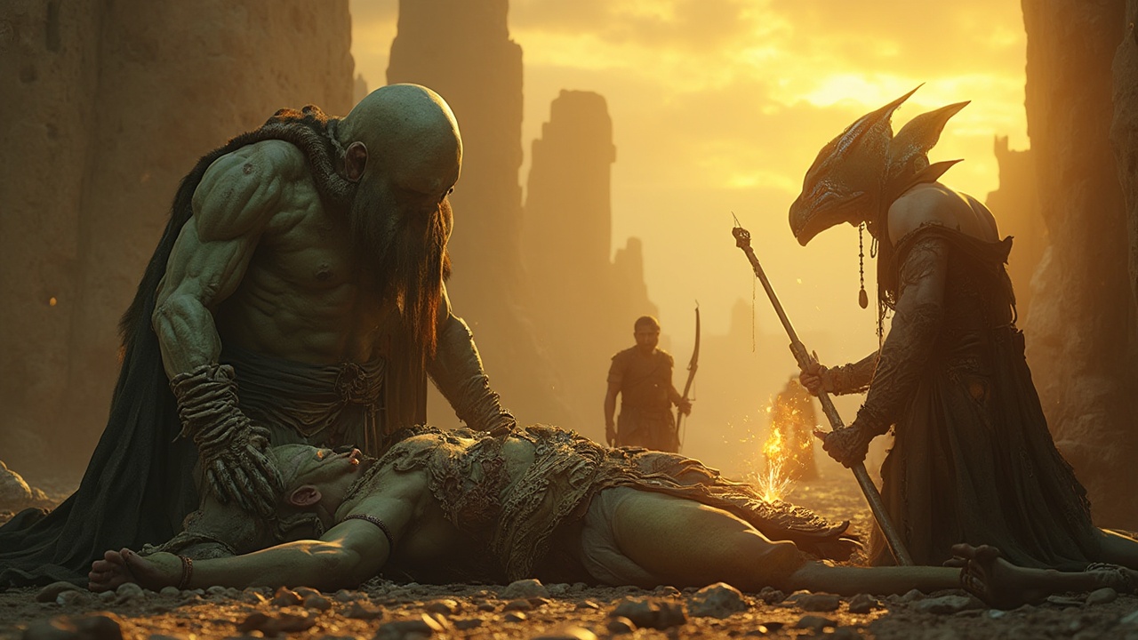 AI generated image by FLUX-Realism-Lora: Cinematic photorealistic fantasy scene, 16:9, viewed slightly from the side.
In a ruined ancient village under a golden cloudy sky, a massive stone-skinned humanoid warrior with smooth grey rock skin and oblong head without ears lies unconscious, his head resting on the knees of a reptilian ally with a pterodactyl-like head, long beak and crest, green skin with orange-red highlights.
Nearby, a darker stone-skinned mage holds a staff glowing with warm golden and blue light, casting radiant magic over the wounded warrior. A human thief kneels, pouring a shimmering potion on the warrior’s body, while an elf archer watches with grief in the shadows.
The background fades softly into darkness. Warm golden light dominates, detailed faces and textures, emotional atmosphere, cinematic realism, film-poster style.