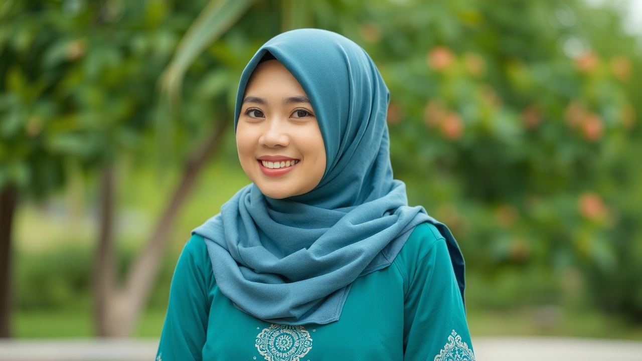 AI generated image by FLUX.1-schnell: A pretty Malay woman in her 30s.she wearing a plain hijab,traditional baju kurung This is a photo for her dating app profile