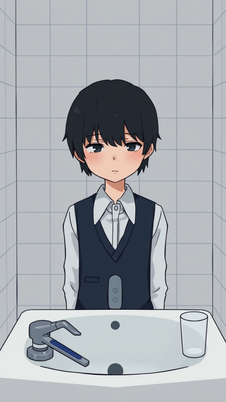 AI generated image by FLUX.1-schnell: Omocat's omori game artstyle, The image depicts a young person standing behind a bathroom sink, their expression somber. Their dark hair is neatly styled, and they are dressed in a white shirt with a dark vest. The tiled walls behind them are plain and featureless, creating a sense of isolation. The only other elements in the scene are a toothbrush and a glass on the counter, suggesting a routine that the individual may find difficult to engage in. The overall mood of the image is melancholic, hinting at a sense of loneliness or sadness. The subdued colors and minimalist composition further contribute to the somber atmosphere.  The image leaves room for interpretation, inviting viewers to consider the inner thoughts and feelings of the subject.