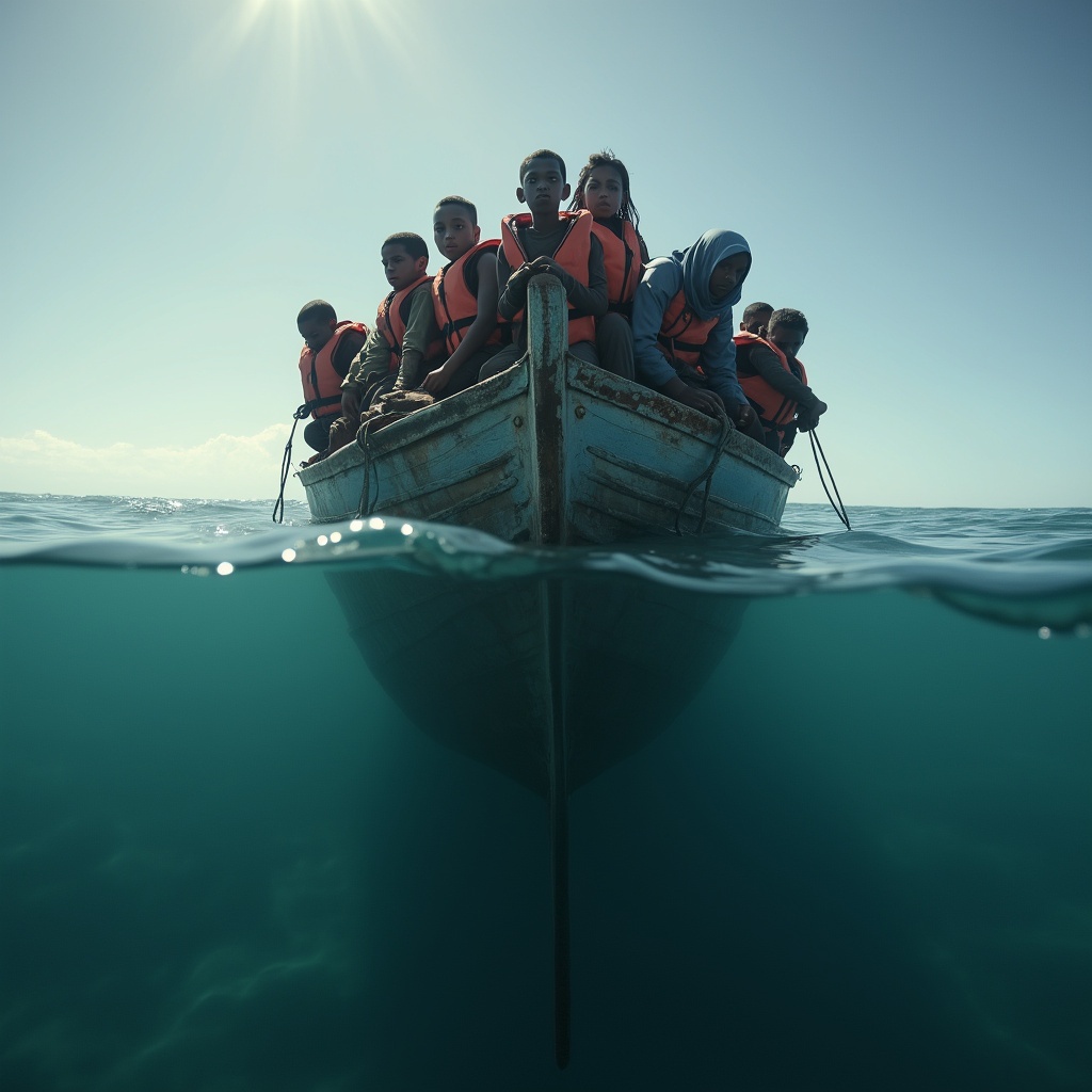 AI generated image by FLUX.1-pro: splitscreen sea, low viewpoint from underwater, poor maroccan and african sudanese refugees on a crowded old boat, men, women and children, looking desperate hopeless and tired, wearing old clothes and life jackets, low point of view is in the sea viewing the front of the boat large part above the water and the keel of the boat visible under water, triangular composition