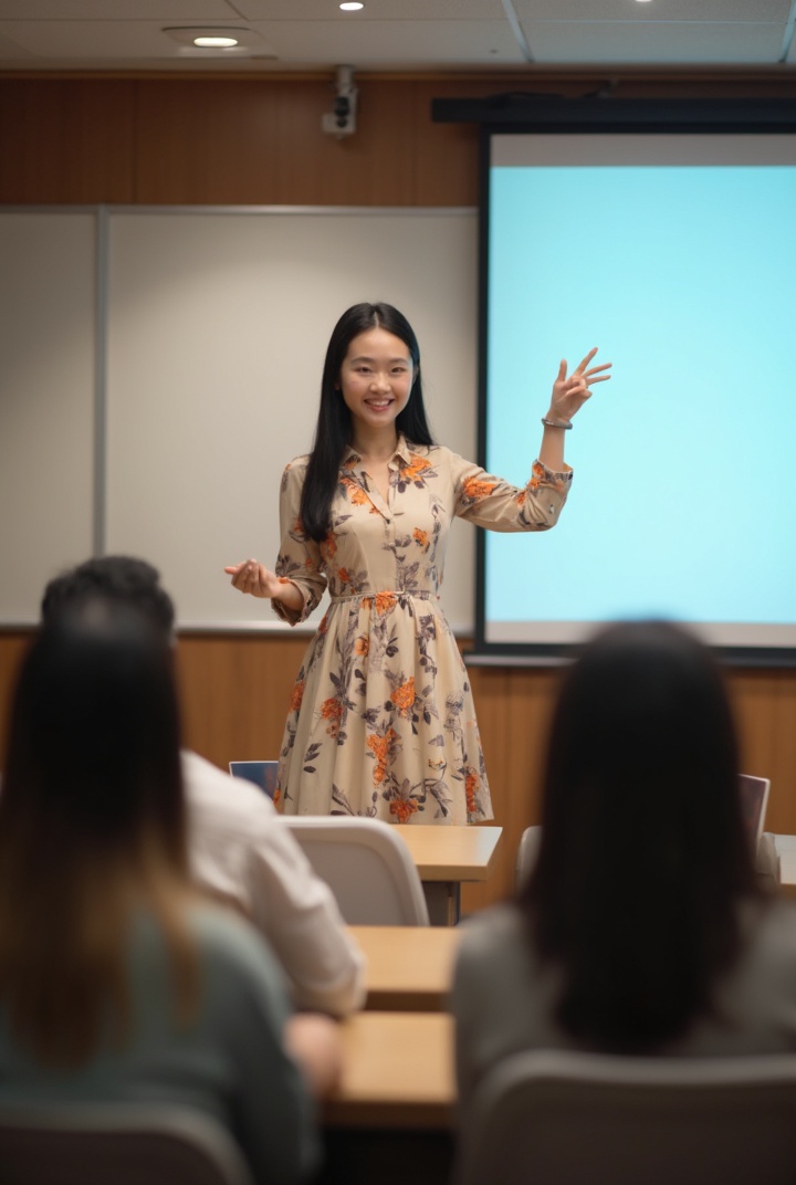 AI generated image by FLUX-Realism-Lora: Generate a full-body image of a beautiful Chinese girl with typical Chinese features. She is standing in a training room giving a presentation, with her hand raised, pointing towards a screen behind her. She has kind, gentle eyes and is smiling warmly. She is wearing a beige floral dress. The camera shows her from the front, capturing her full body. The room has many chairs with audience members sitting, and the audience’s backs are visible in the image. The girl is confidently yet gently addressing the audience with a raised hand, as if explaining something important on the screen.