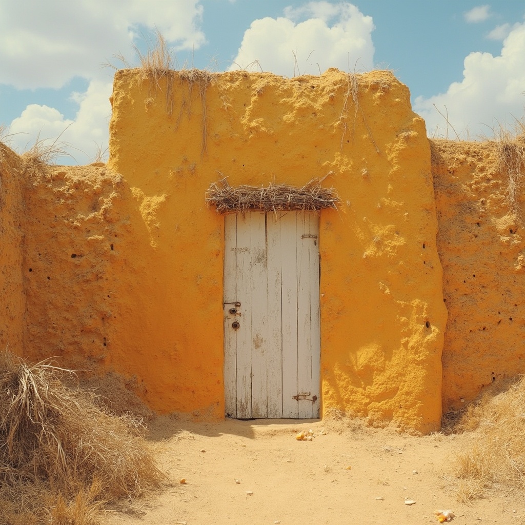 AI generated image by FLUX-Realism-Lora: genera una foto donde aparezca un almacen un poco percudido y que tenga una dimension demasiado grande, una puerta de fierro color blanco con barrotes y un color naranja tipico del adobe con el cual se construyo este almacen donde se almacenaba maiz y frutos secos , ocupo que la imagen sea estilo vintage con una poca calidad ya que requiere una interpretacion de los años 80s . ocupo que la imagen sea lo mas realista posible, tambien agrega caballos con carga de maiz en cual llevan hacia el mismo almacen.